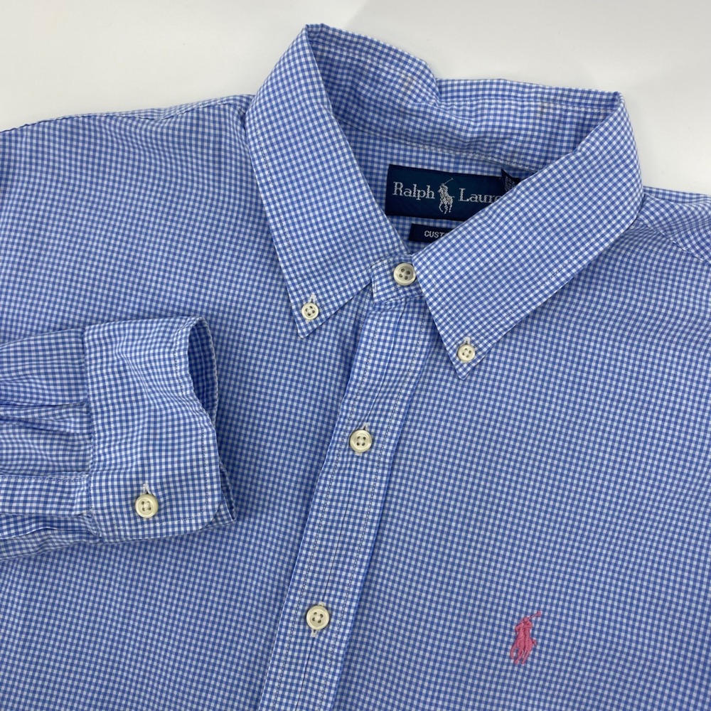 Ralph Lauren Button Down Mens L Blue Gingham Custom Fit Long Sleeve Pony Shirt